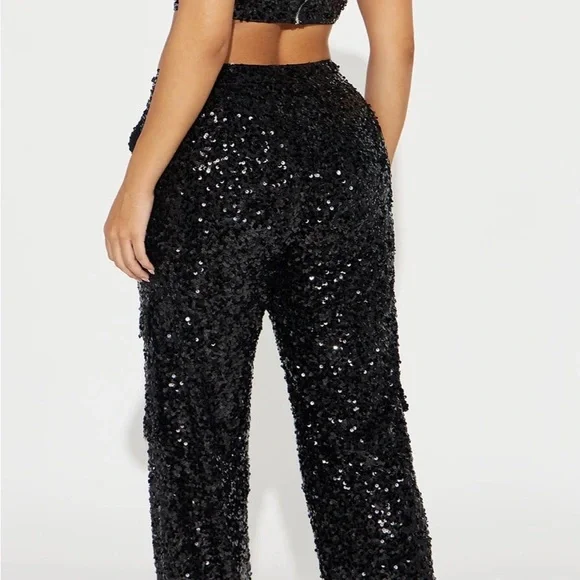 NWT 2 Pc Sequin Pants & Cropped Top Set - Black.  Available in Small. - Picture 2 of 10
